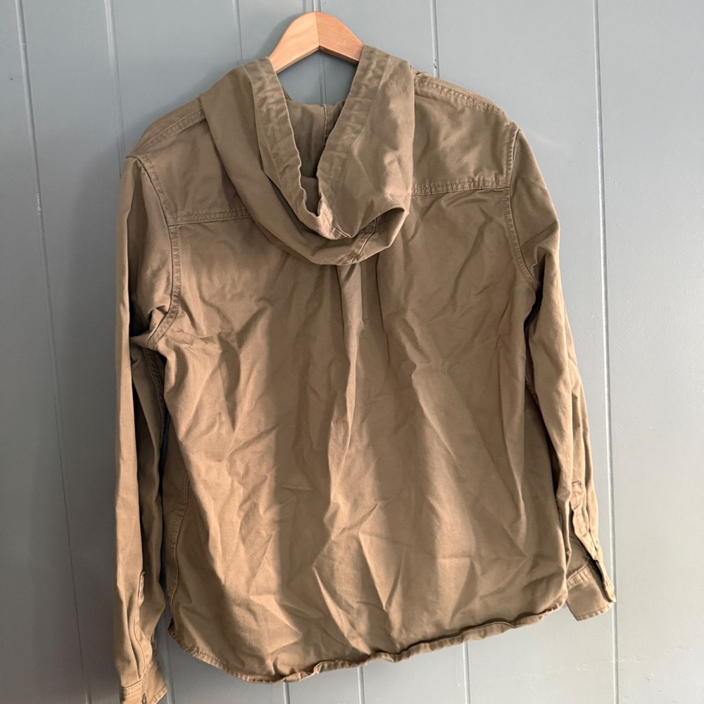 New York Embroidered Hooded Jacket Shacket Mens Large Khaki/Tan Modern Uniform - Picture 2 of 12
